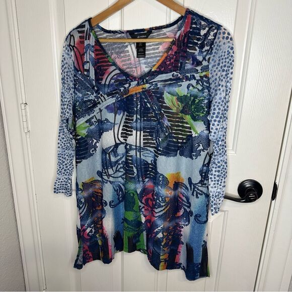 Ali Miles Multicolor Polka Dot Striped Floral Burnout Lace Blouse Sz L Artsy - Picture 1 of 8